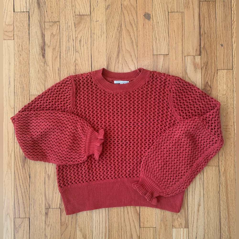 Rebecca Minkoff Red Woven Crochet Sweater w/ Ruffled Sleeves Loose Crop